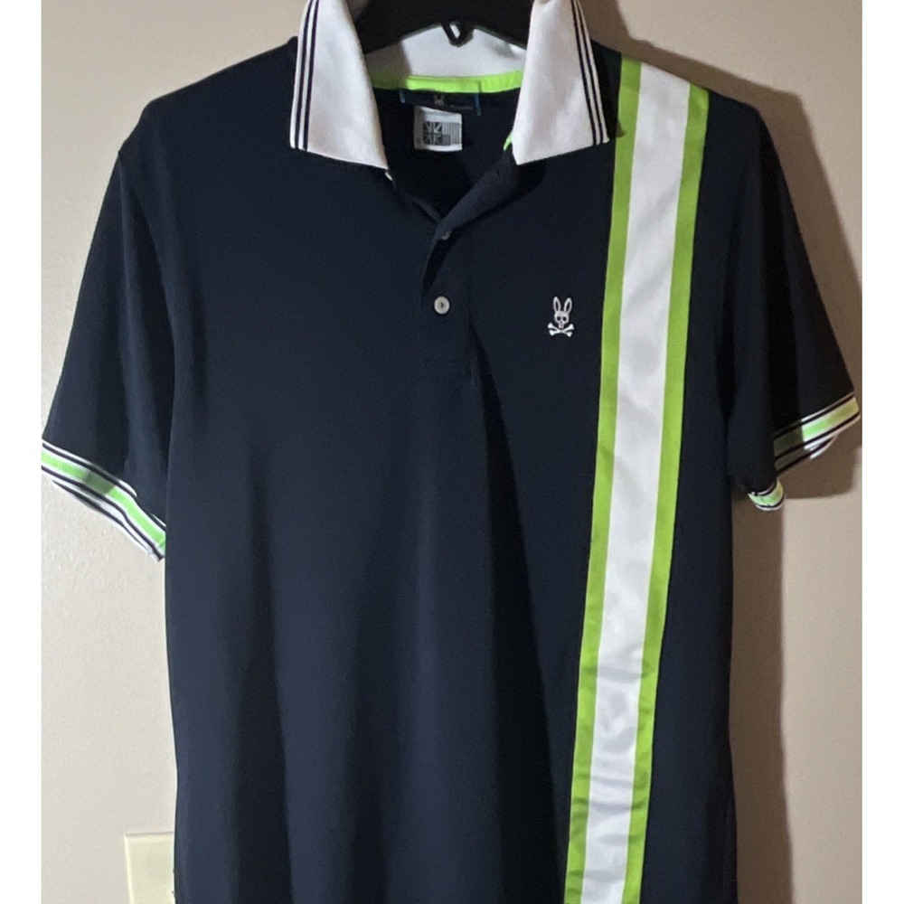 Psycho Bunny Men's Striped Polo Shirt Black White Green Short Sleeve Cotton Sz 5